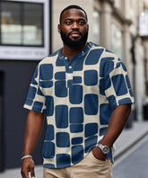 Men's Plus Size Blue Geometric Print Henry Collar Button Short Sleeve T-shirt
